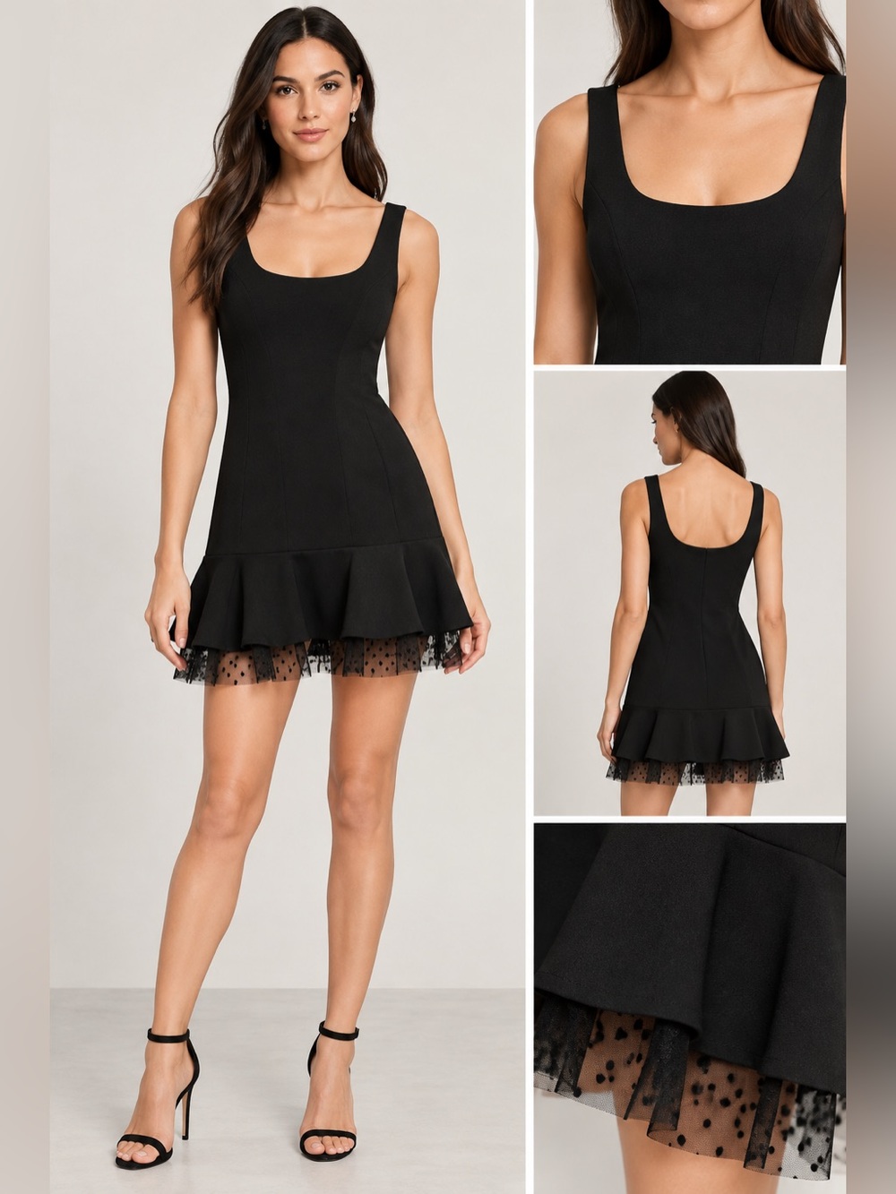 BCBGMaxAzria Black Scoop Neck Mini Dress with Polka Dot Tulle Trim